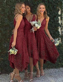 A-Line V-Neck Spaghetti Straps Asymmetrical Pink Lace Bridesmaid Dresses PM93