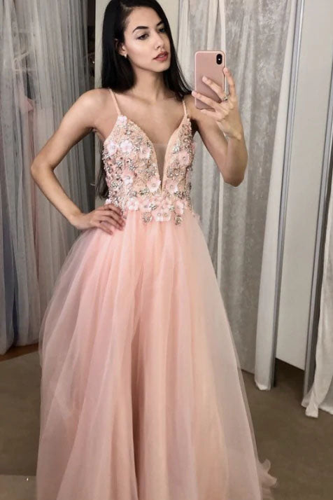 V Neck A-line Pink Spaghetti Straps TulleLong Prom Dress  Formal Dress
