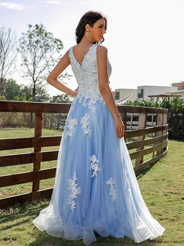 Sky Blue Princess V-neck Sleeveless Appliques Tulle Long Prom Dresses