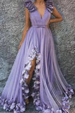 Charming A Line V Neck Long Flowers Rushed Tahiti Prom Dresses With Silt P1376