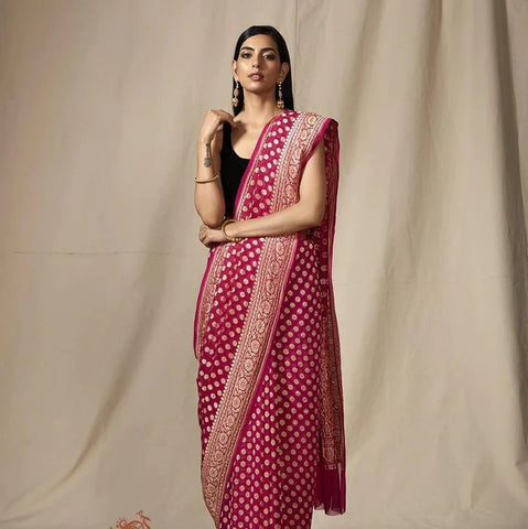 Hot Pink Rani Khaddi Georgette Heavy Saree