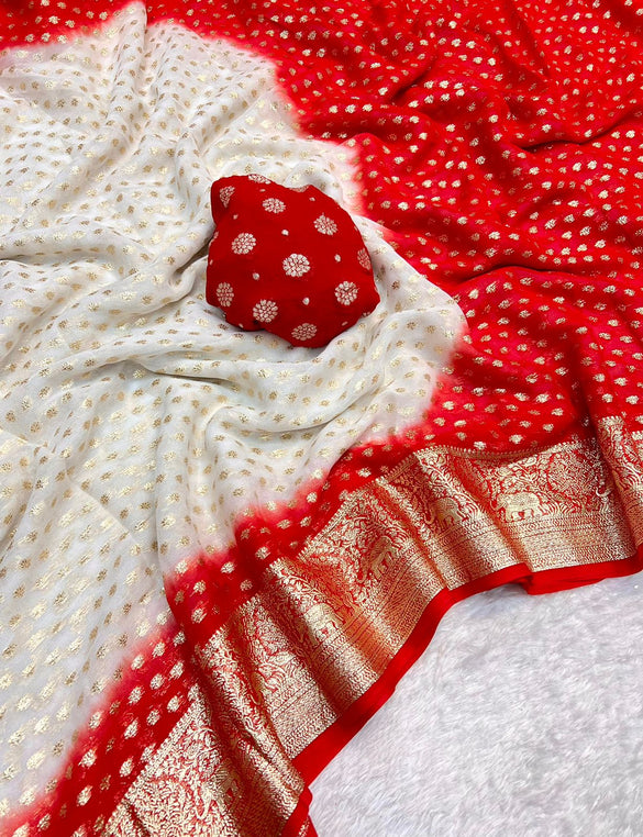 Off White And Red Banarasee pure viscose georgette Saree
