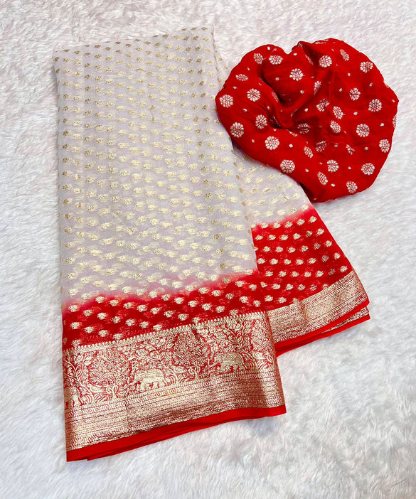 Off White And Red Banarasee pure viscose georgette Saree