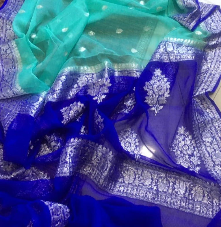 Seagreen And Blue Banarasi Khaddi Saree,Indian Wedding Saree, Silk ...
