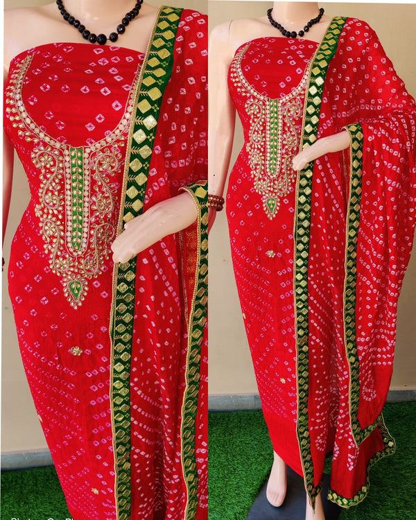 Red Bandhej Silk Gota Work Suit,Latest Bandhej Hand Gota Patti Suit Online,Shop Bandhani Gota Patti Suit Set At Best Rates