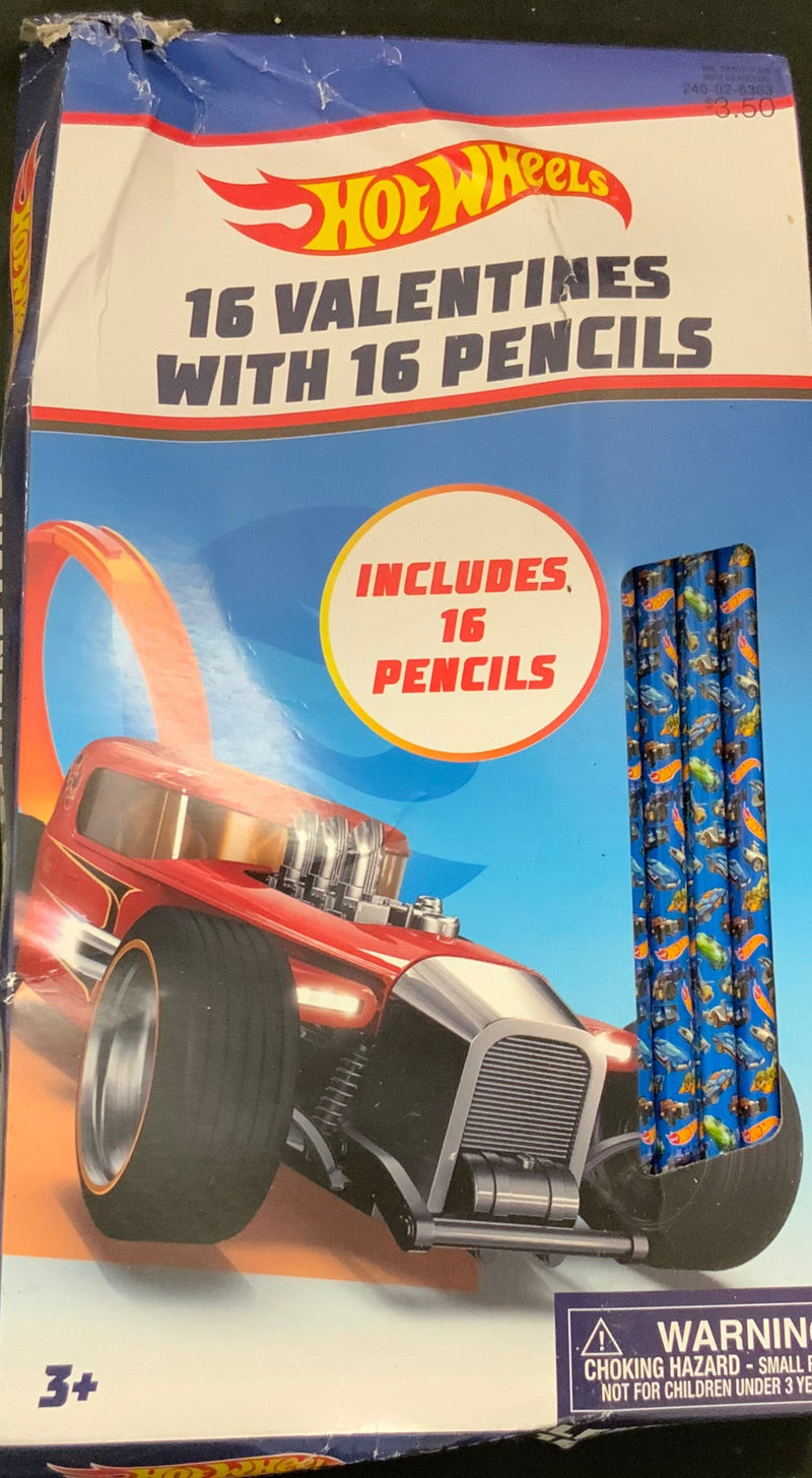 Hot Wheels 16 Valentines With 16 Pencils