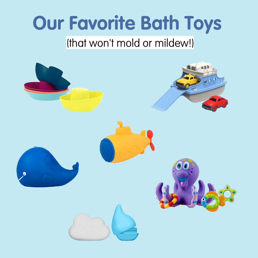 a composite image of multiple bath toys 