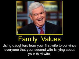 Newt Gingrich, Infidelity, high living, Family values, POWER
