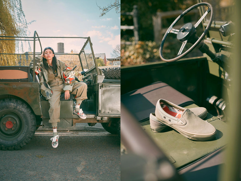 Vault by Vans x Nigel Cabourn - Model shot wearing OG Authentic LX in Army Green Camo and OG Classic Slip-On LX in USMC Army Mix