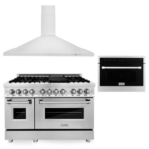ZLINE 48" Kitchen Package with Stainless Steel Dual Fuel Range, Convertible Vent Range Hood and 24" Microwave Oven