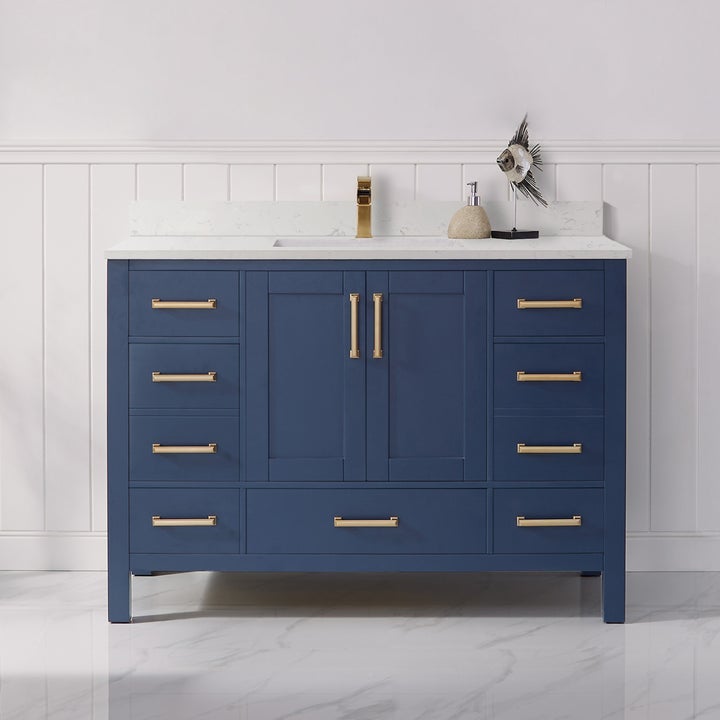 Vinnova Shannon 36" Single Vanity in Royal Blue and Composite Carrara White Stone Countertop Without Mirror