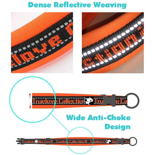 Orange Truelove Tread™ - Padded Dog Collar stretched out showing the wide design and the close up of it showing the fluorescent design on a white background.