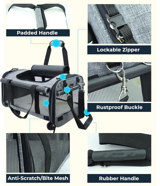 Chelsea Pet Travel Carrier Roller handle, lockable zipper, adjustable strap attachments showing on the carrier, rubber handle and anti-scratch bite mesh