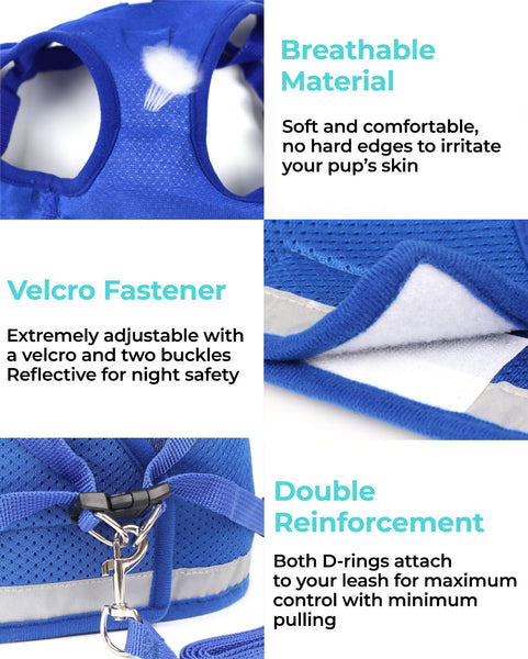 Blue TinyPaw™ - Small Pet Harness + Leash feature close-ups of the breathable material, velcro fastener and the double reinforcement on a white background.