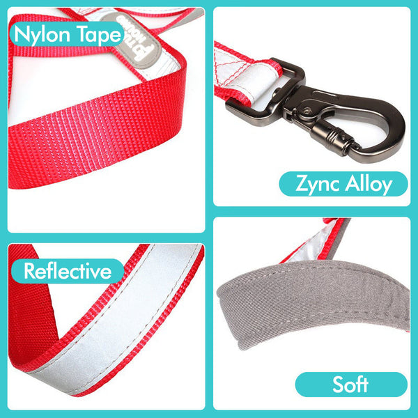 Close-ups of the nylon tape, lead attachment, reflective surface and softer underside of the leash for the red TuffHound Core™ - Reflective Dog Collar & Leash Set on a white background.