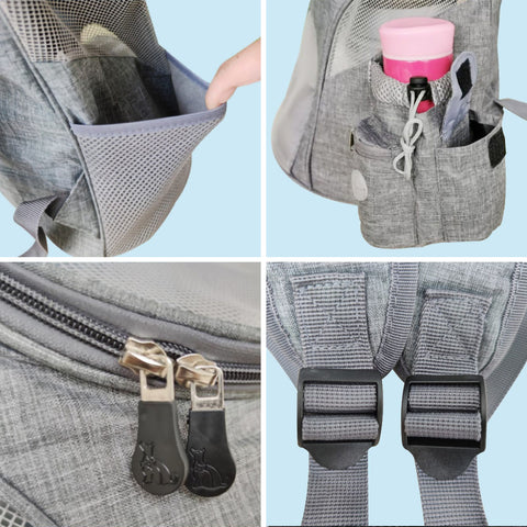 No mistakes detected!   Copy Closeups of the mesh back protection, pocket carrying a pink water bottle, double zipper and adjustable straps for a gray Foldy™ - Pet Backpack Carrier.   Closeups of the mesh back protection, pocket carrying a pink water bottle, double zipper and adjustable straps for a gray Foldy™ - Pet Backpack Carrier.