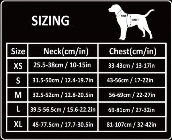 Truelove™ Harness + FREE Reflective Leash size chart on a black background.