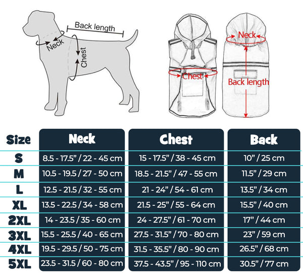 Dog site chart for Large lab dog in a blue Rainaway™ - Dog Raincoat With Leash/Harness Port and hood both with front and back sketch on a white background.