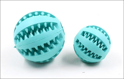 2 Teal Rubberino - Dog Chew Toy rubber ball on white background showing in small and large size.
