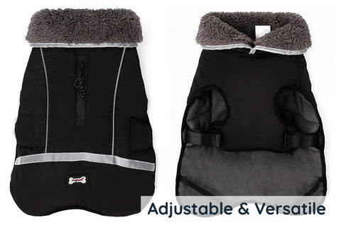 Black DogSki Max™ - Waterproof Winter Coat with Leash/Harness Port and fur collar top view on the right and Black DogSki Max™ - Waterproof Winter Coat underside view with leg holes and underneath buckles