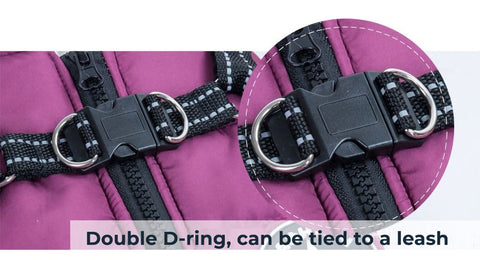 Nærbilde av den doble D-ringen og glidelåsen til en lilla DogSki Sport™ - vanntett jakkesele.