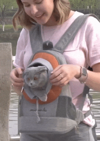 Blonde girl standing on a dock while petting the cat that peaks out of the mini pet backpack with the adjustable opening