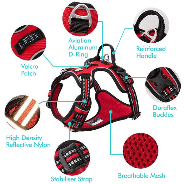 Red Truelove Pro™ - Dog Harness with close-ups of the reflective tape, velcro patch, reinforced top handle, duraflex buckle, front D-ring, stabiliser strap and breathable fabric on a white background.