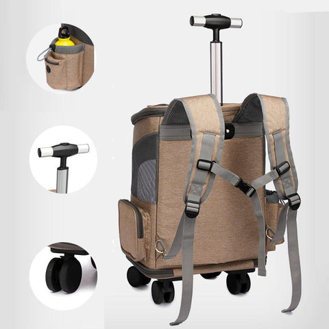 Khaki Lithe Pet Carrier Backpack - Wheeled Airline-Approved pocket with yellow water bottle in it, handle and wheels as well as the back of the backpack showing the straps and its handle on white background.