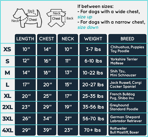 Size chart for DogSki Sport™ Jacket + FREE Reflective Leash on a white background.