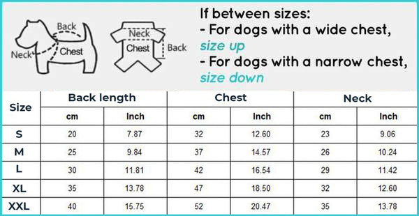 Dogbaby Snug™ - Dog Winter Jacket sizing chart