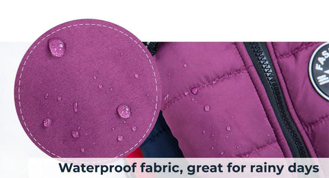 loose up of the waterproof fabric of a purple DogSki Sport™ - Waterproof Jacket Harness.