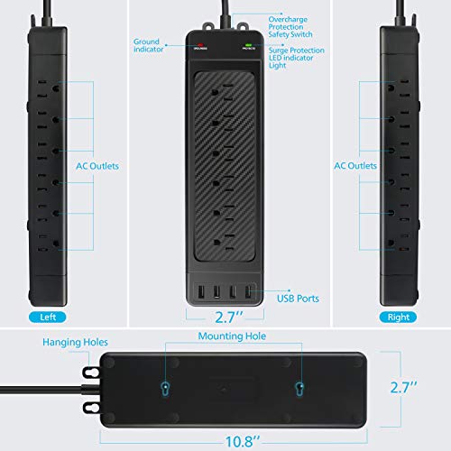 Power Strip with USB 10 ft, 18-Outlet Surge Protector Power Strip with USB Ports Flat Plug Wall Mountable, Extension Cord with Multiple Outlets, Charging Station for Multiple Devices, USB Power Strip