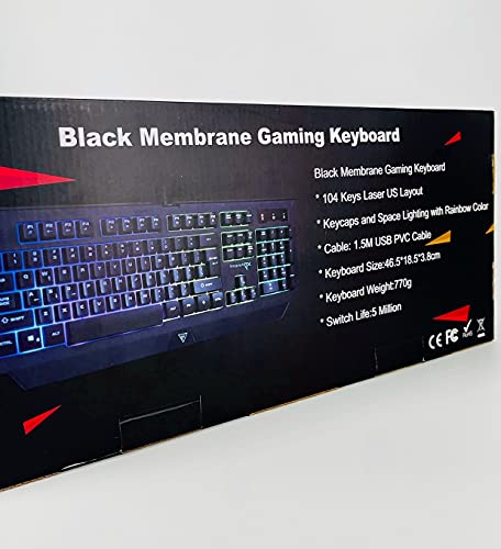 Gaming Keyboards Black Membrane Gaming Keyboard,104 Keys Laser US Layout Metal Included,Keycaps and Space Backlight,Lighting with Rainbow Color