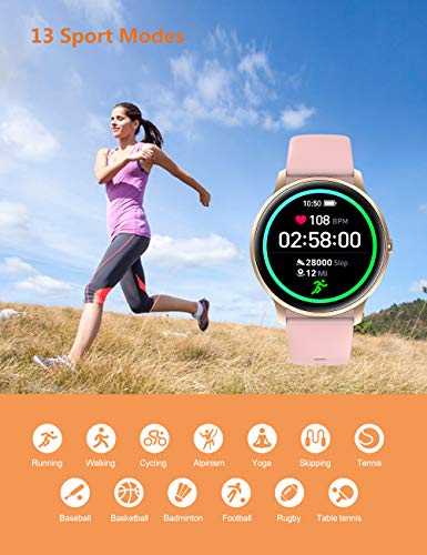 YAMAY Smart Watch Compatible iPhone and Android Phones IP68 Waterproof, Watches for Men Women Round Smartwatch Fitness Tracker Heart Rate Monitor Digital Watch with Personalized Watch Faces (Pink)