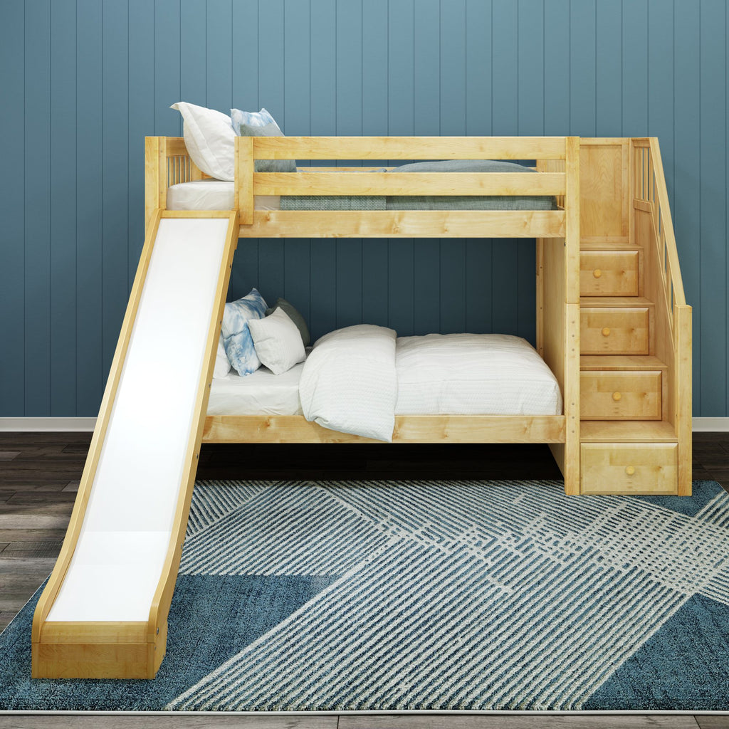ECSTATIC XL NS : Play Bunk Beds Twin XL Medium Bunk Bed with Stairs + Slide, Slat, Slat, Natural