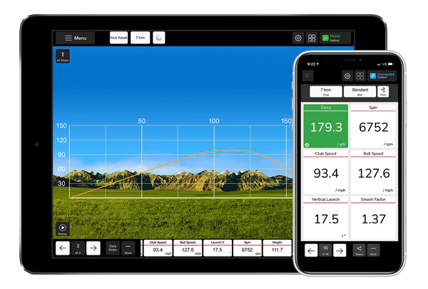 Mevo software displaying ball tragectory metrics on smart phone and tablet