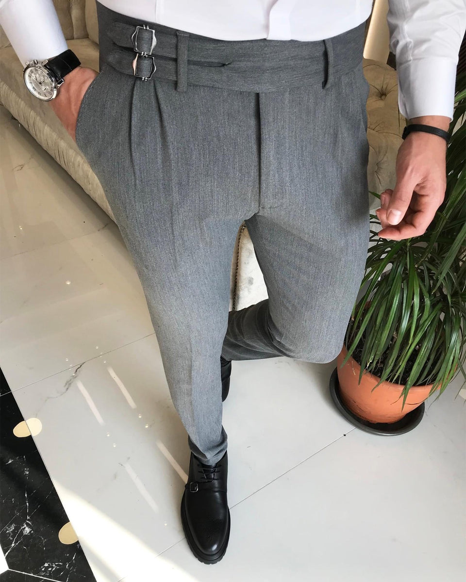 Devon Double Buckled Corset Belt Pleated Gray Pants – gentsuitspage