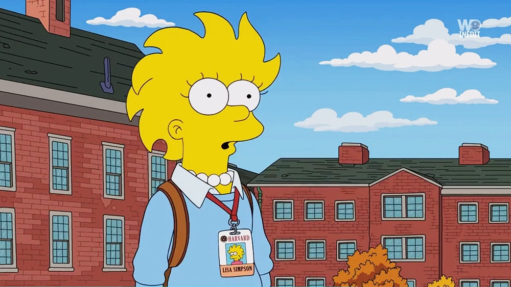 Lisa Simpson dans le futur avec un badge à l'école d'Harvard.