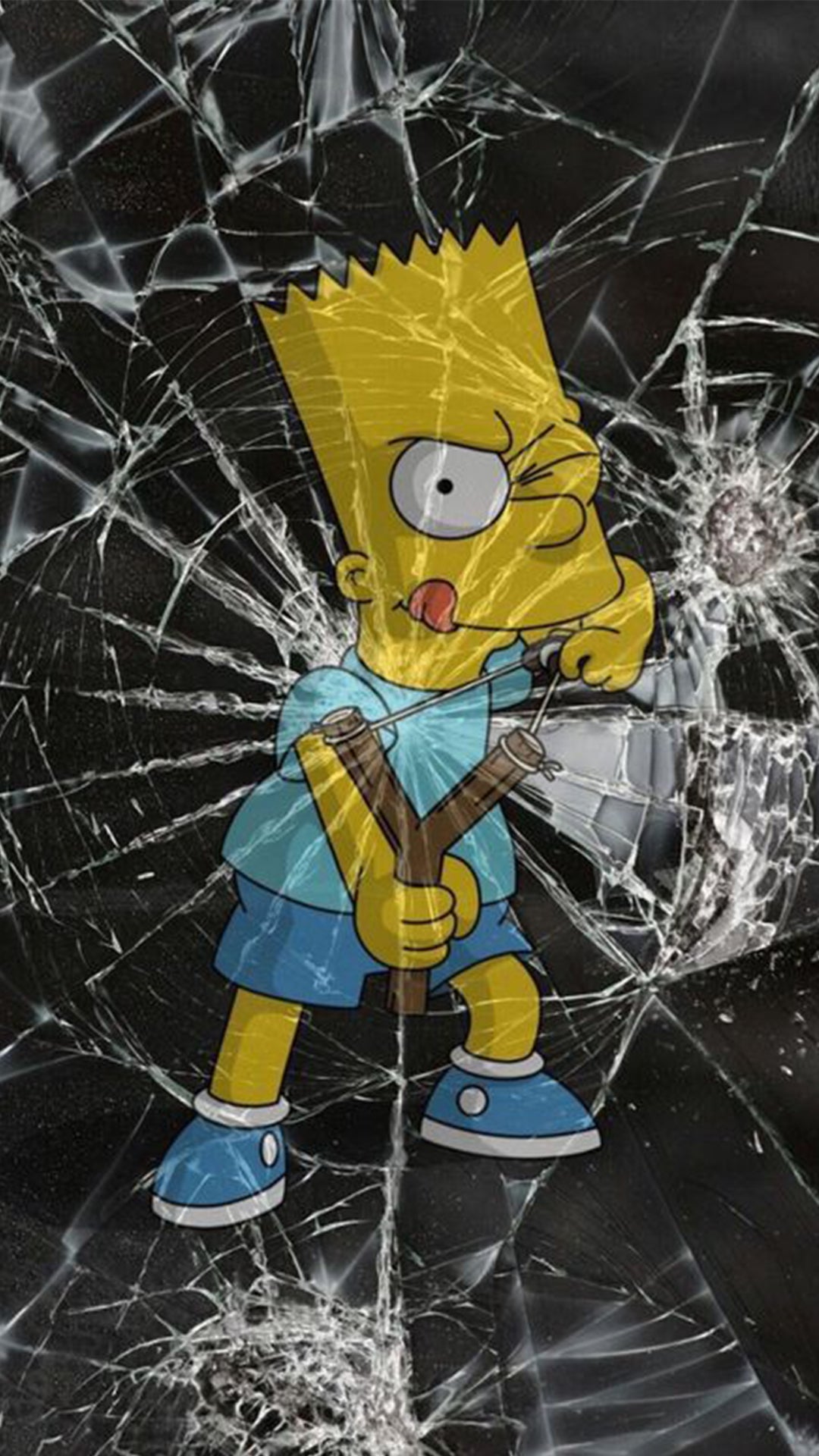 Bart Simpson tire vers nous avec un lance pierre et casse l’écran.