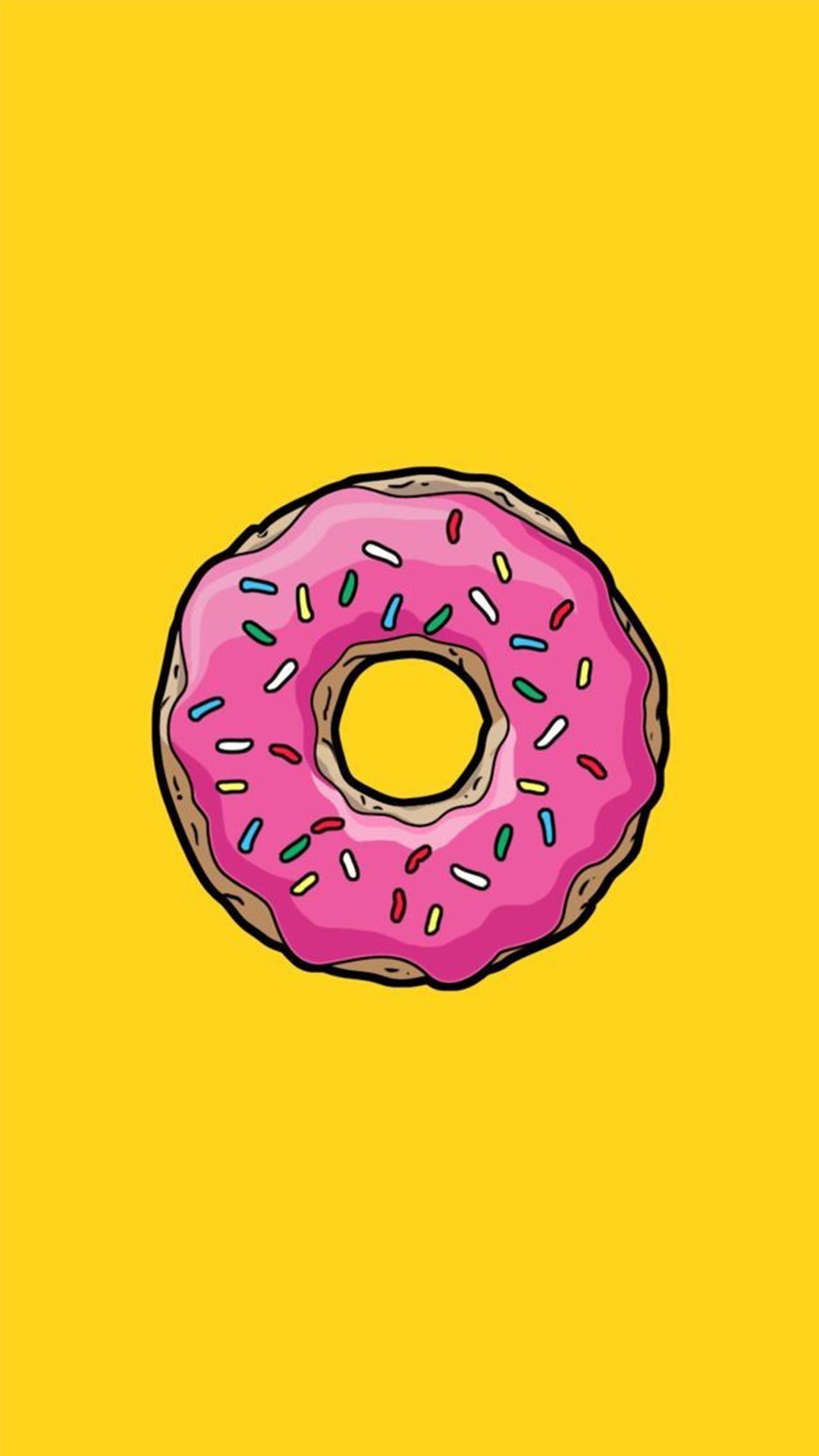 Le donut authentique au glaçage rose et aux vermicelles colorées, vu de face sur fond jaune.