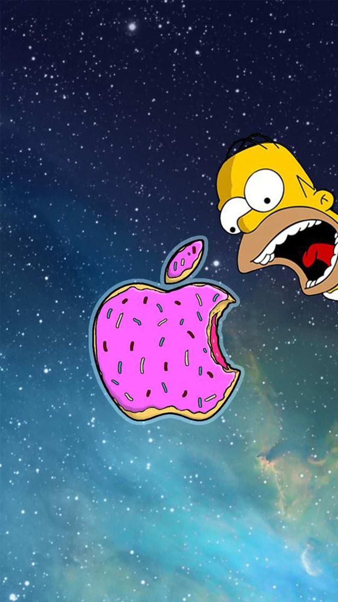 Le logo d’Apple en version donut sur fond étoilé. Homer tente de la manger avec la bouche grande ouverte.