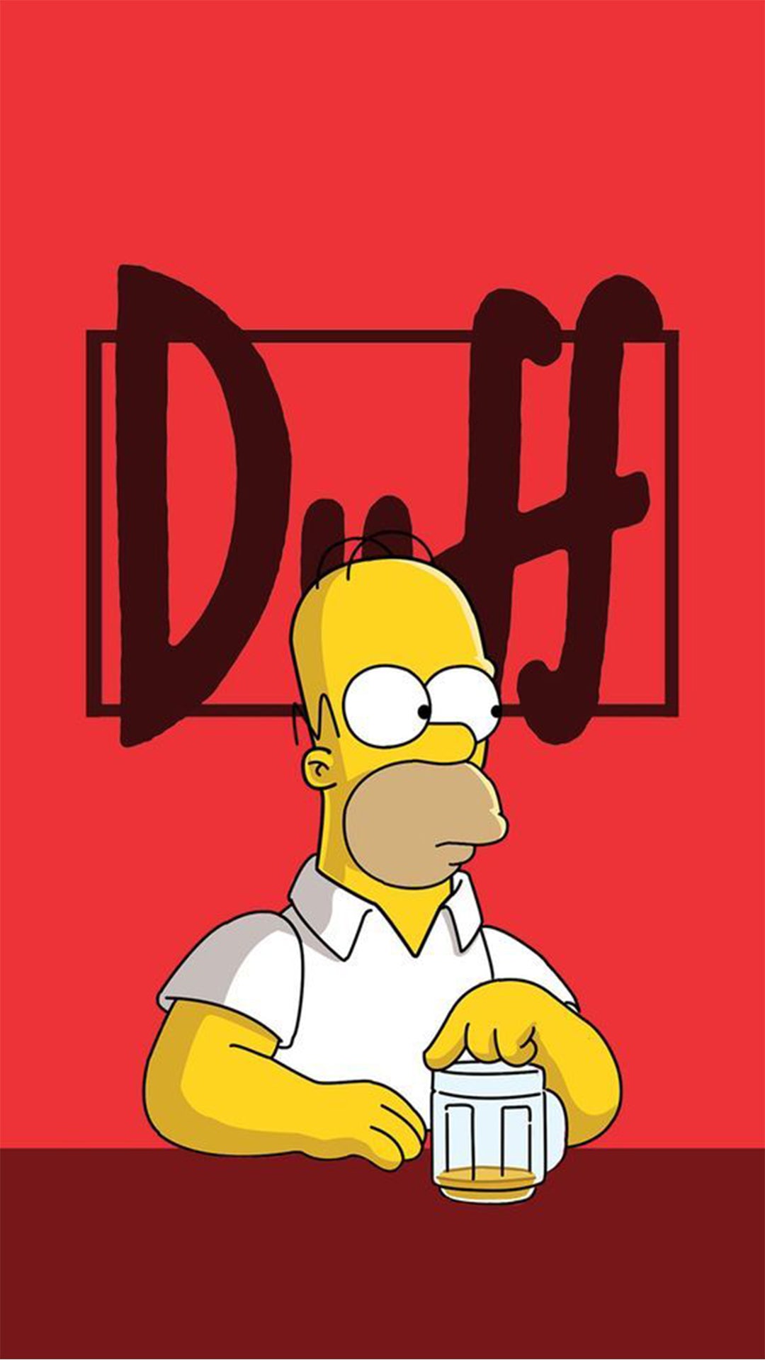 Homer Simpson accoudé à un bar avec un verre de bière. Le logo Duff derrière lui sur fond rouge.
