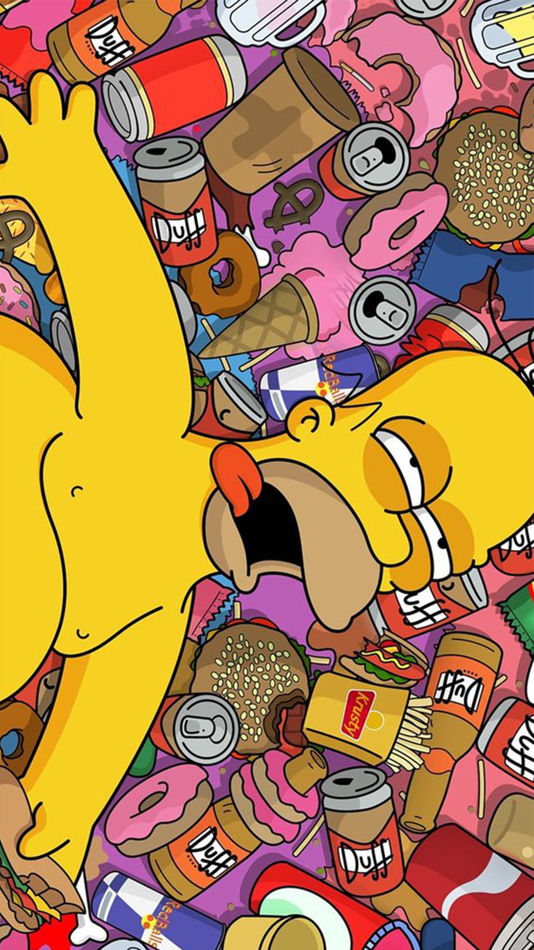 Homer Simpson bourré et fatigué sur un sol jonché de canette de bières vides, de burgers, de donuts et de sucreries.