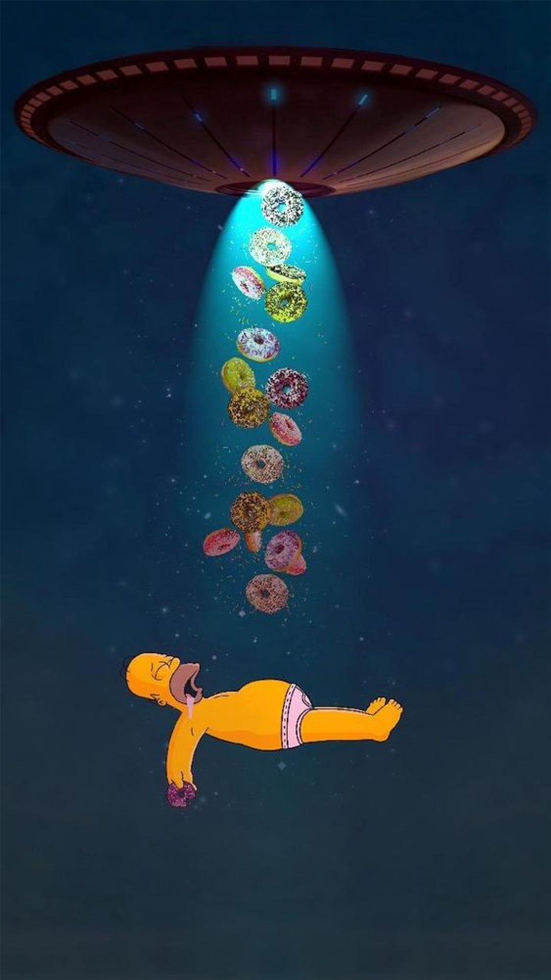 Homer en slip en apesanteur avec des donuts et capturé par un vaisseau d'extraterrestres par une nuit étoilée.