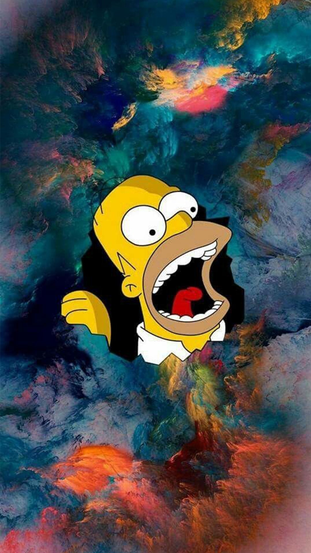 Tête d’Homer Simpson entre les nuages colorés, il essaie de les manger avec la bouche grande ouverte.