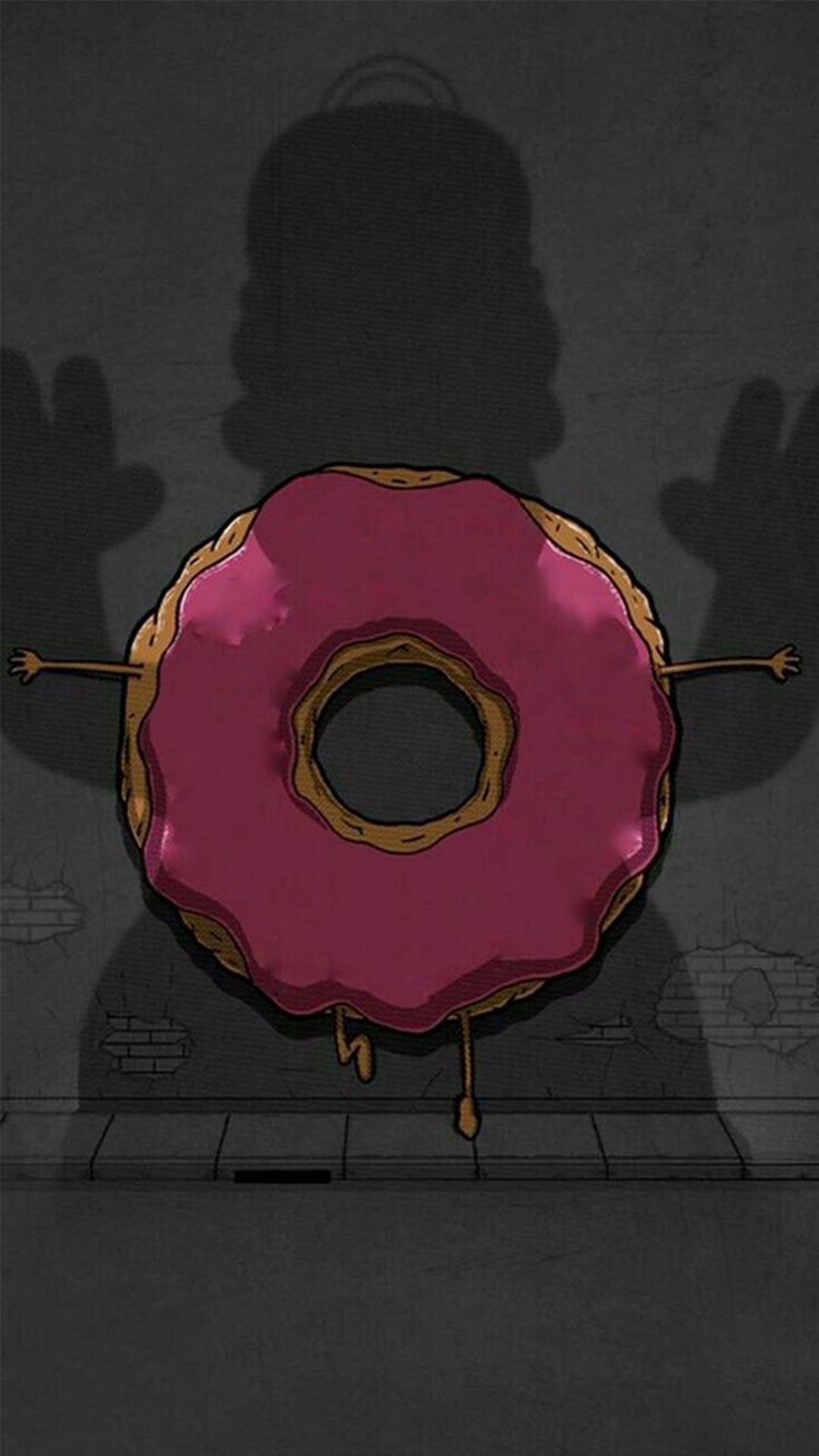 Le donut des Simpson apeuré et plaqué contre un mur avec l’ombre d’Homer menaçante qui se reflète sur le mur.