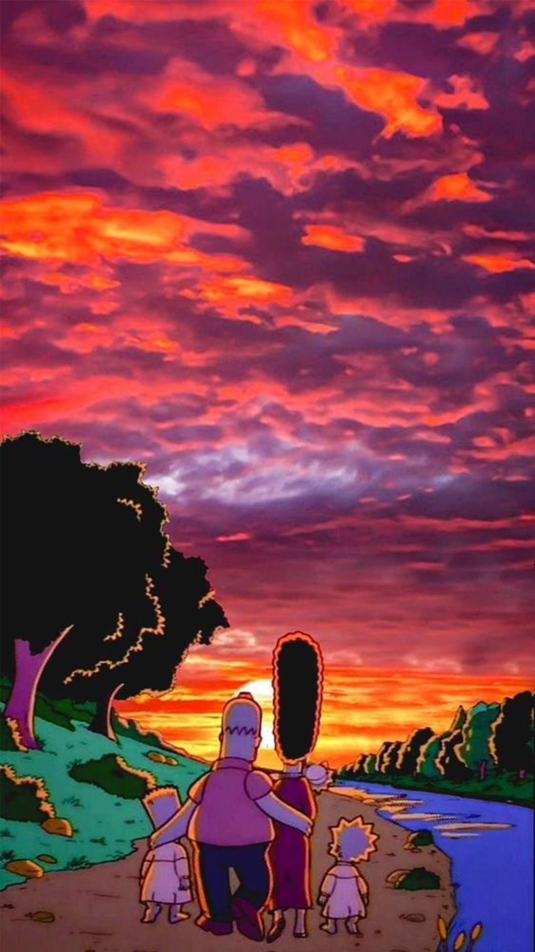 Magnifique coucher de soleil qui se reflète sur le ciel nuageux rose et rouge. La famille Simpson vue de dos, regarde le soleil se coucher.