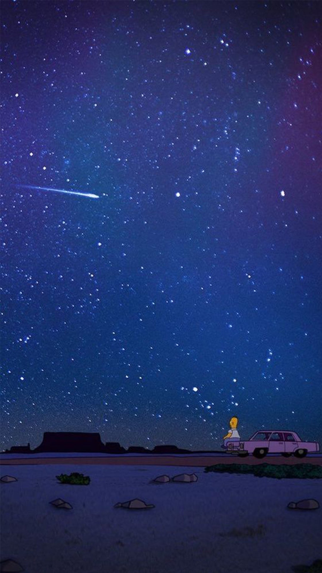 Homer assis sur le capot de sa voiture regarde le ciel étoilé et les étoiles filantes.