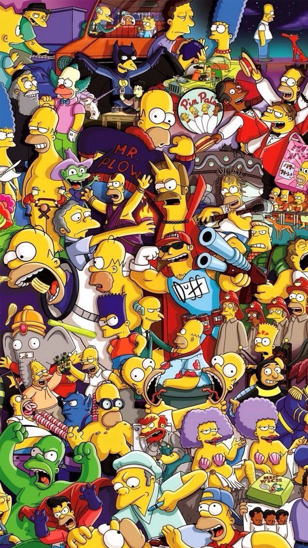 Rassemblement des têtes des personnages de la série et des différents versions d’Homer Simpson.