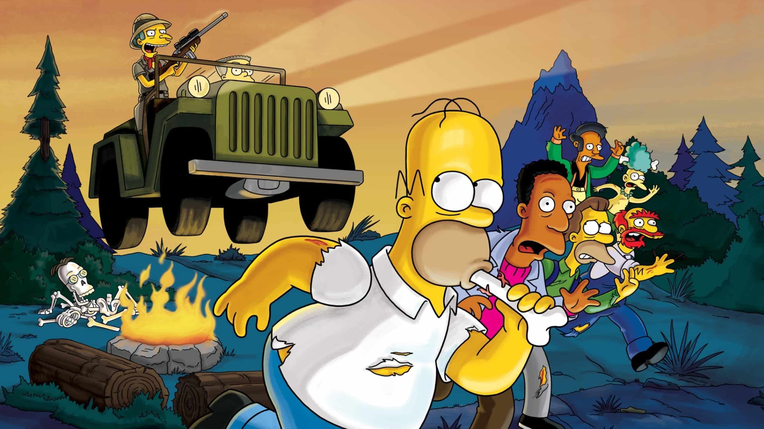 Mr Burns chasse Homer et ses amis avec un fusil sur une jeep dans la forêt.